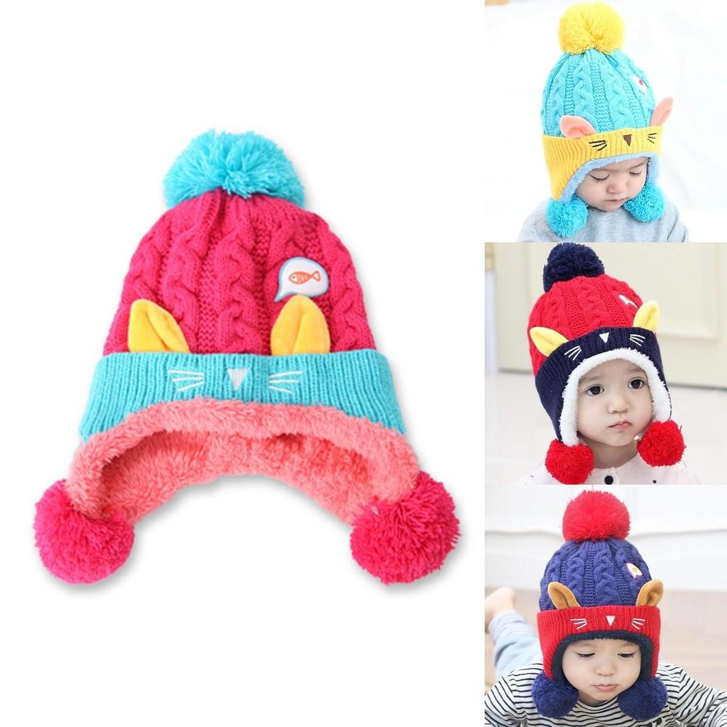 Cozy Baby Knitted Hat For Winter With Cute Cat Design Thickened Plush Ears Suitable For Boys And Girls Aged 5 To 24 Months Available In Red Yellow