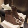 French small short boots women's 2025 autumn and winter new square buckle rhinestone elastic boots low thick heel square head fleece thin boots