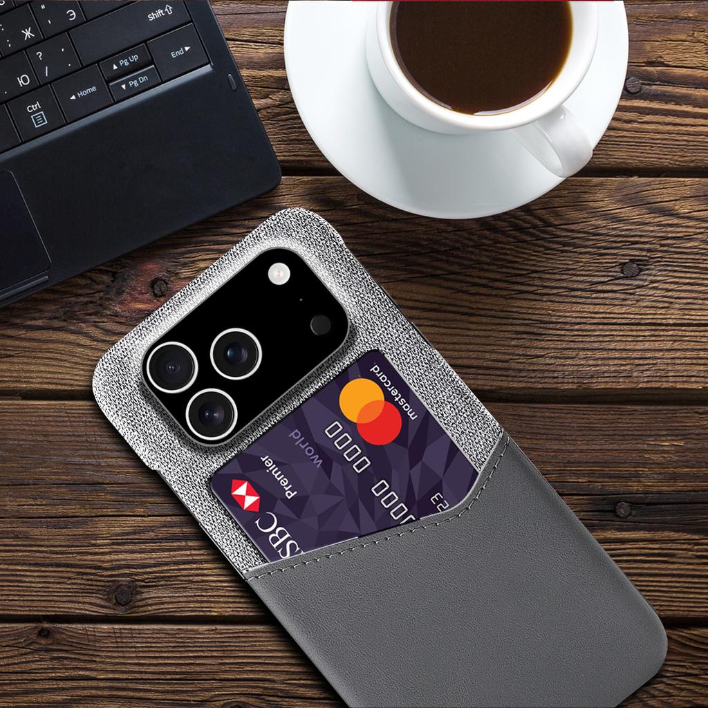 For iPhone 17 Pro Case PU Leather Cloth Texture Hard PC Phone Cover with Card Holder