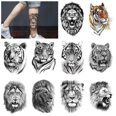 Tiger Lejon Stort Mönster Halvarm Svart Djurmönster Vattentransfertryck Set Simulerad Tatuering Tatuering Klistermärke