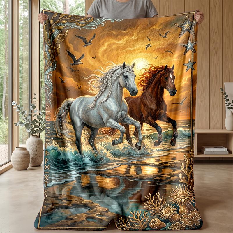Oceanic Horse Majesty Theme blanket Lightweight Warm Flannel Blanket Decorative Throw Blanket for Home Decoration