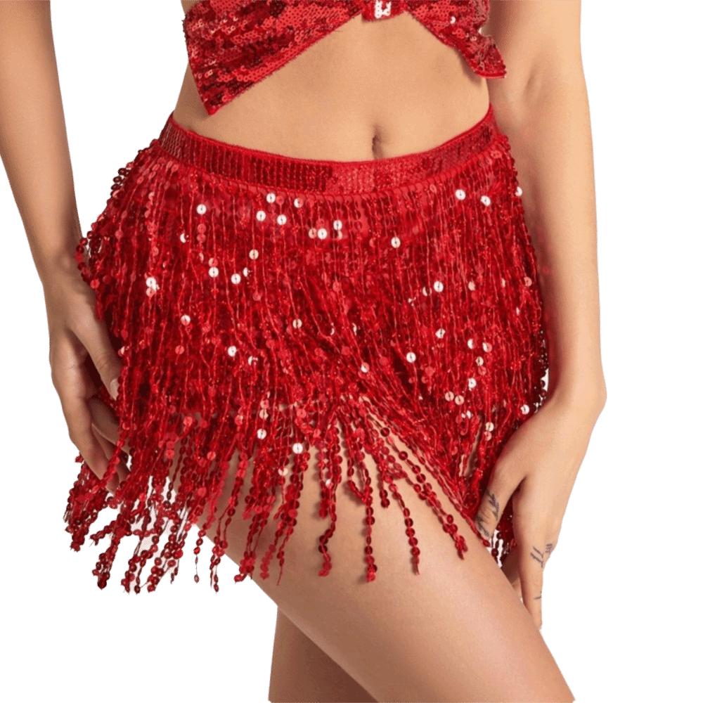 Sequins Belly Dance Waist Chain 4-Layer Tassel Hip Scarf Latin Dance Hula Short Skirt  Party