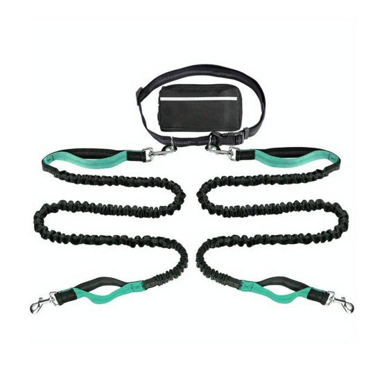 Dog Leash with Waist Bag Reflective Retractable Leash for Two Dogs Hands-Free Running Leash with Padded Handles Night Safety Walking Gear