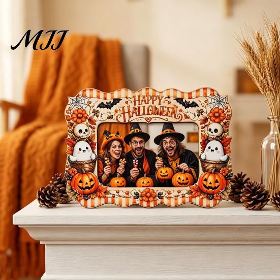 Party Mantel Decorations Halloween Wooden Photo Frame, Cute Ghost Pumpkin Picture Childlike Ornament Rustic Festive Holder for Holiday Table