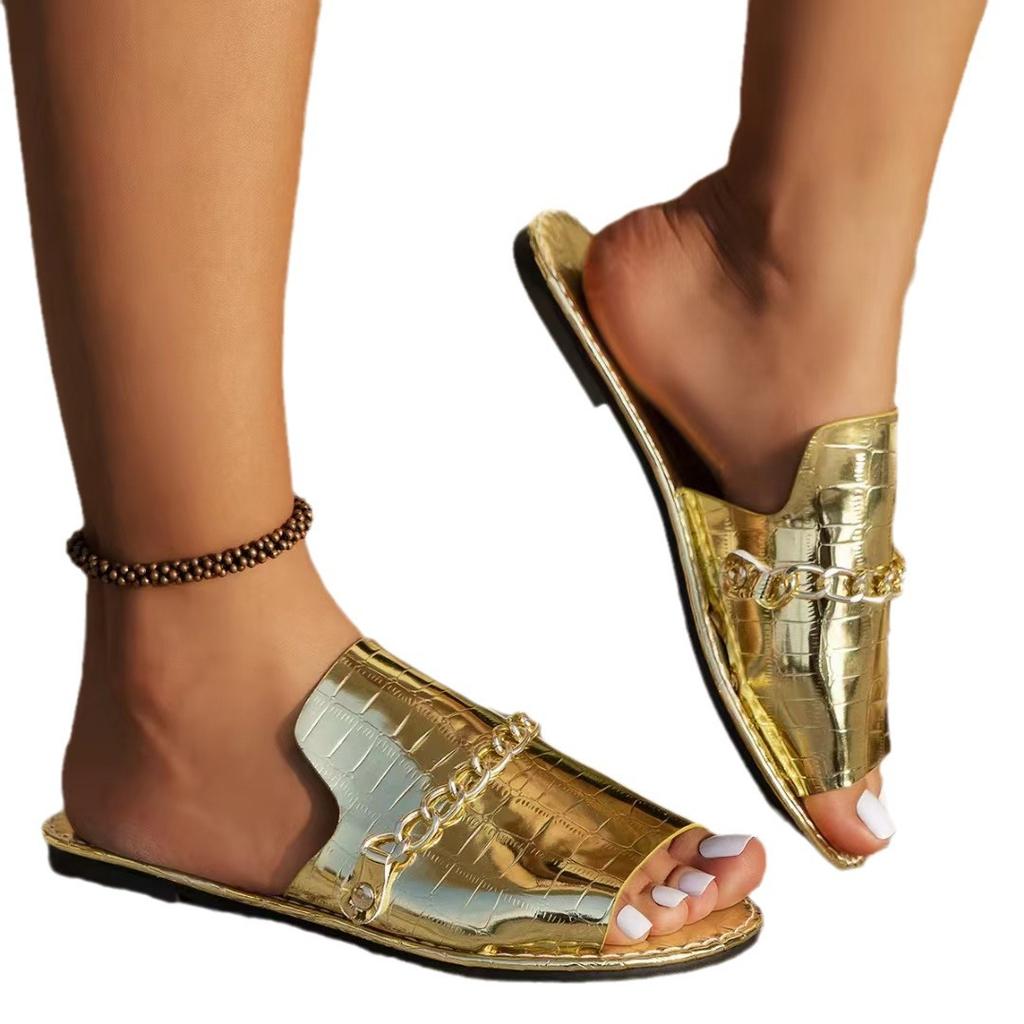 Fashion 2025 Summer New Gold Metal Chain Peep Toe Slippers Women’s Flat Luxury Outdoor Beach Flip Flop Female Sandals Trend Slides Shoes