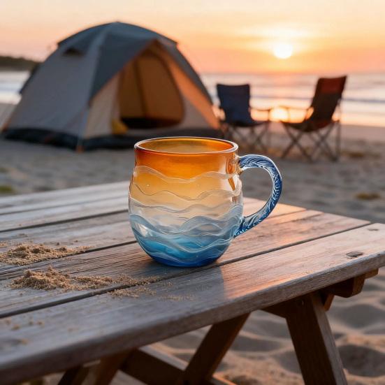 Sunset Ocean Cup Wave Pattern Water Glass 350ml Oceanic Theme Drinking Cup Artistic Drink Container for Beach Lovers
