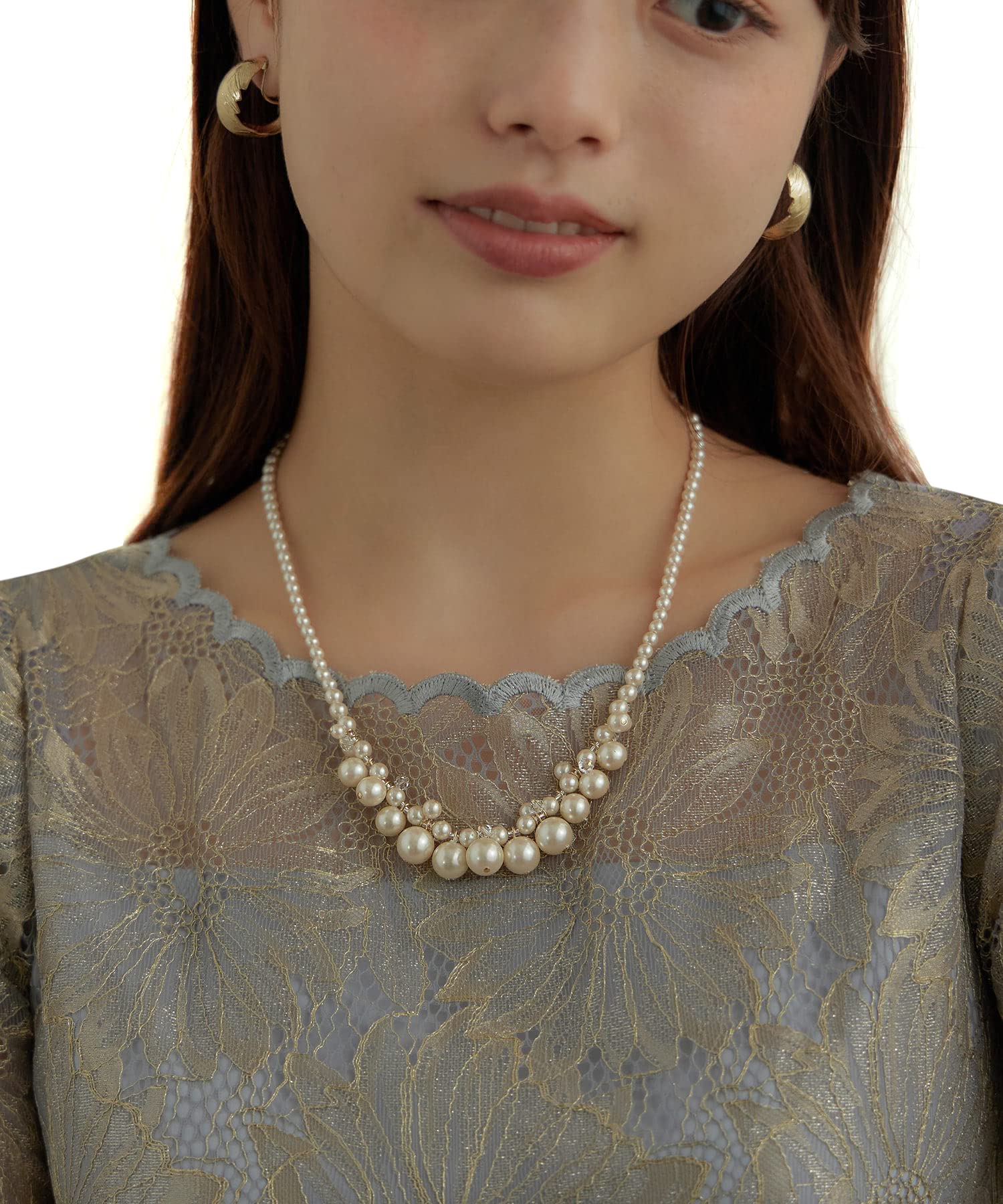 [niana] Women s Pearl Necklace, Wedding Accessory, Made in Japan, Voluminous Pearl Necklace, Large and Small Pearls
