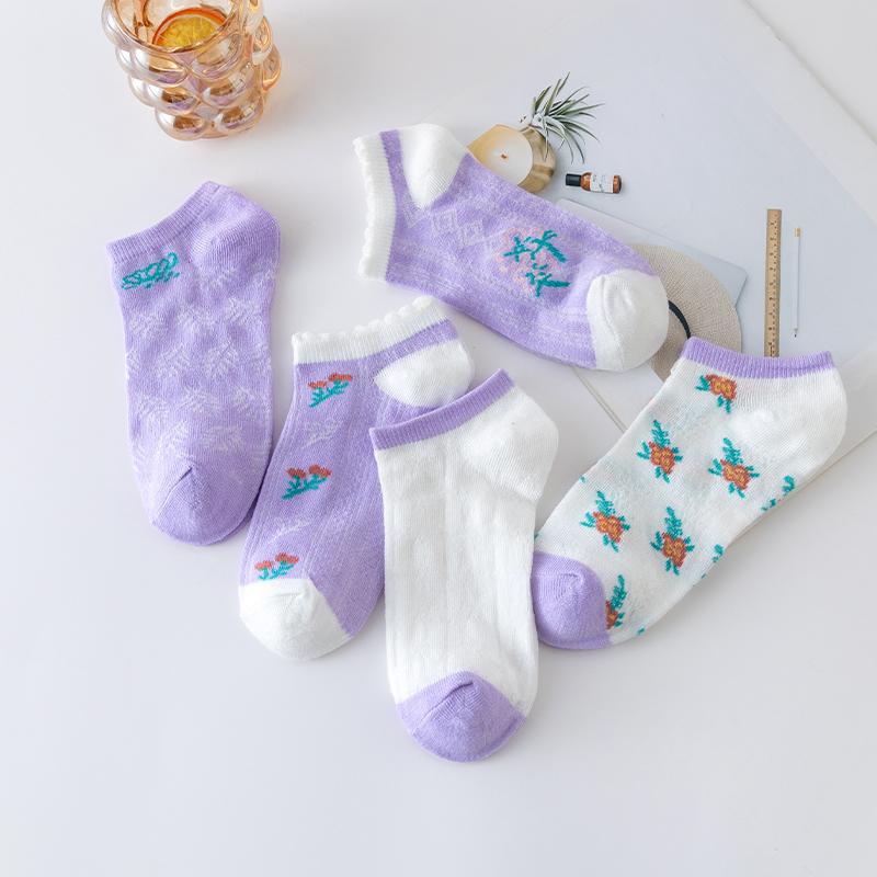 Xiaomi 5 Pairs Women's Summer Hollow Breathable and Comfortable Casual Short Socks Small Fresh Purple Flower Women's Socks