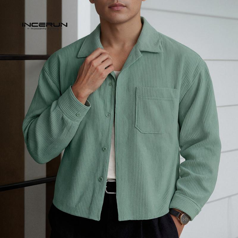 INCERUN Oversized Men Turn Down Collar Long Sleeve Texture Loose Casual Shirts Tops