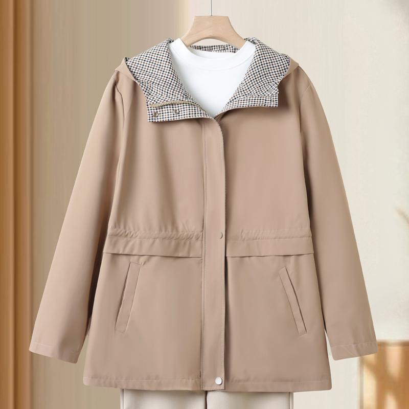 Women's Plus Size Casual Hooded Coat – Plaid Trim Hood Windproof Jacket (Sizes 3XL-7XL) for Middle-Aged Women