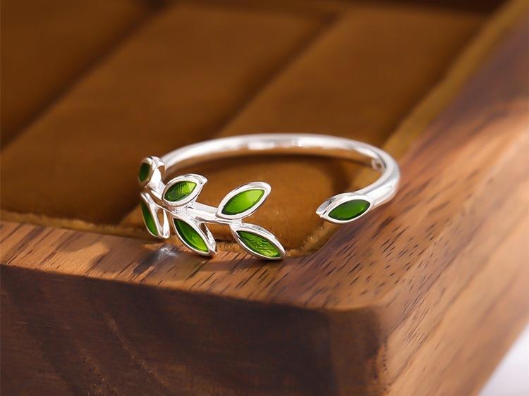 New Arrival Exquisite Green Leaf Epoxy Fashion 925 Silver Jewelry Atmosphere Creative Leaves Opening Rings R128