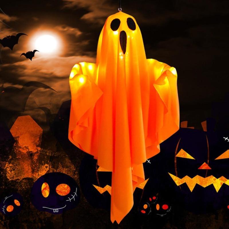 2/1pcs Halloween LED Glowing Ghost Hanging Lights, Horror Haunted House Props, Waterproof Indoor Outdoor Ornaments, Bar Home Party Decoration Supplies
