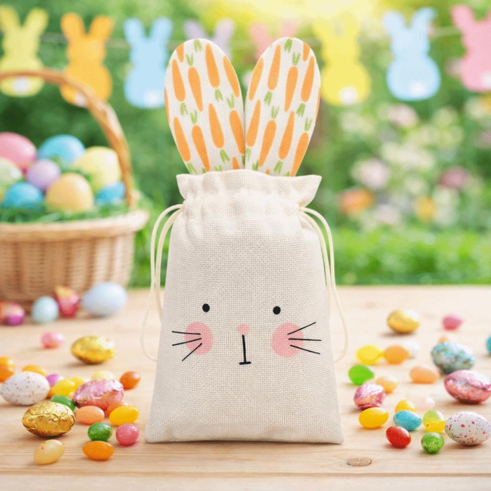 Easter Egg Pouch Cute Easter Bunny Ears Bags Festival Burlap Rabbit Candy Bags Carrot Gift Packaging Bags Happy Easter Decor