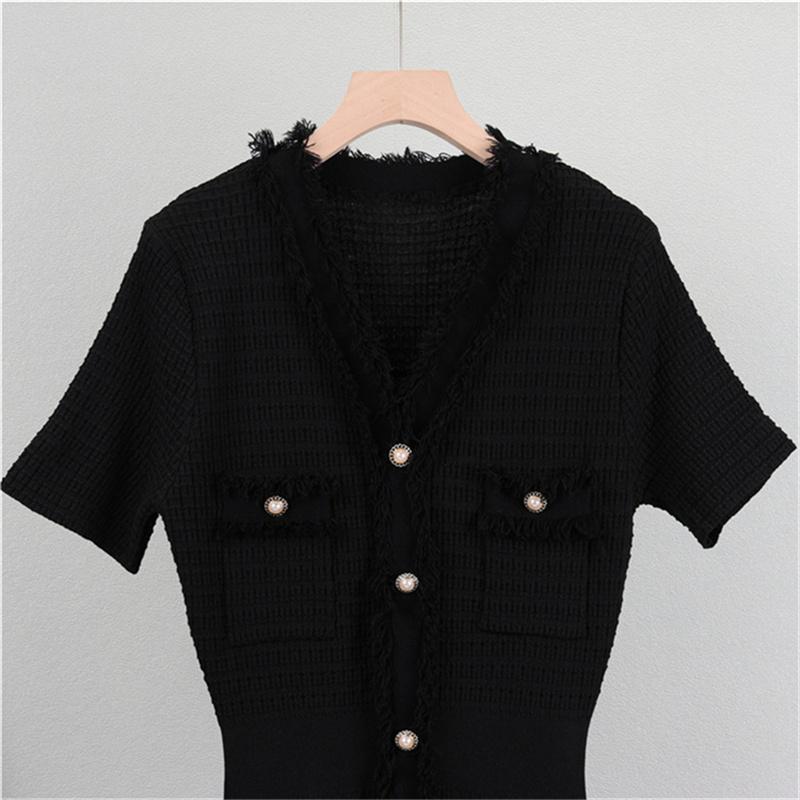 Summer women's knitted short sleeved dress Solid color temperament shows slimming mid length skirt