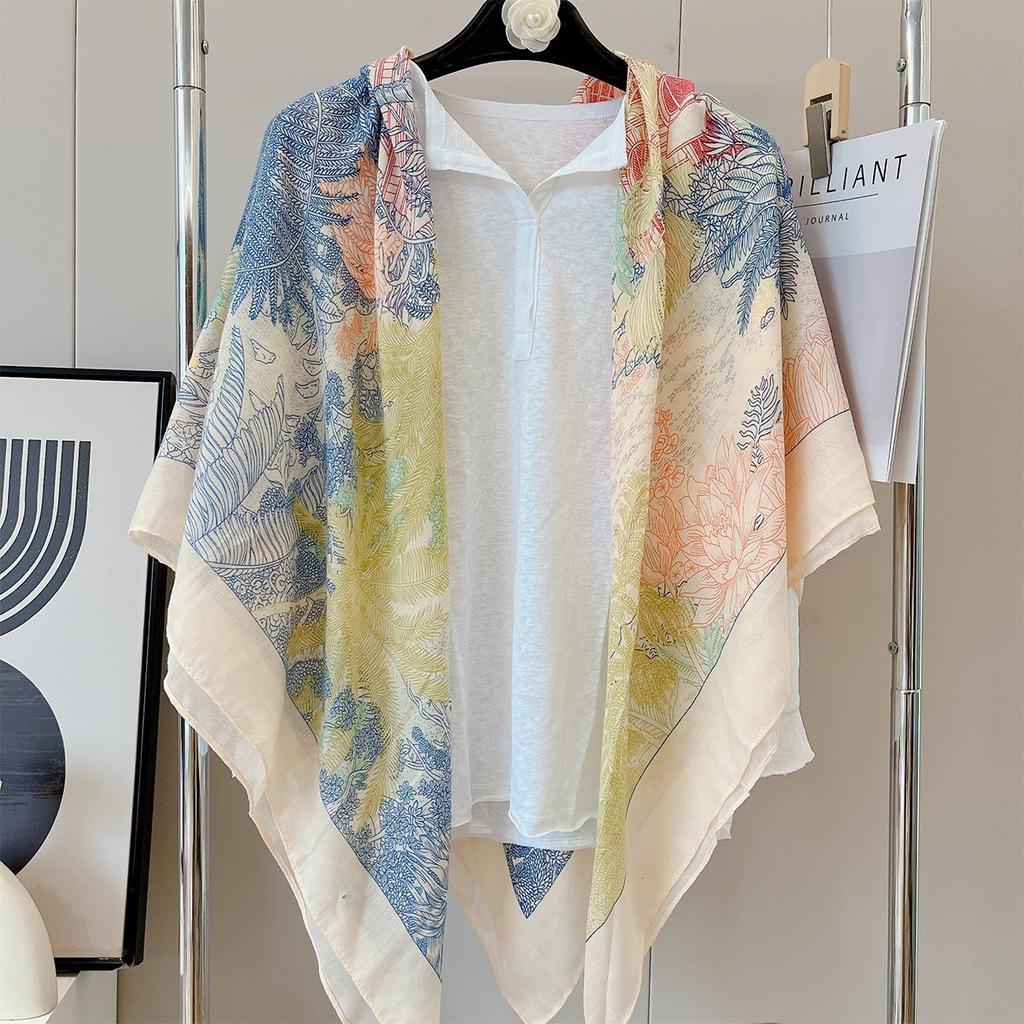 oversized beige flower travel sunscreen sunshade cotton and linen scarf women's silk scarf 111cm large square scarf shawl dual-purpose