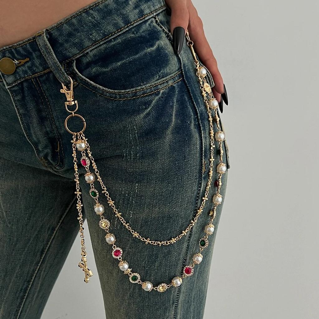 Ingemark Exquisite Luxury Imitation Pearl Acrylic Rhinestone Pants Chain Women Punk HipHop Cross Pendant Jeans Chain Men Jewelry