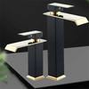 Waschbecken-Wasserhahn, Gold und Schwarz, Wasserfall-Wasserhahn, Messing, Badezimmer-Wasserhahn, Badezimmer-Waschtisch-Wasserhahn, Mischbatterie für heißes und kaltes Waschbecken