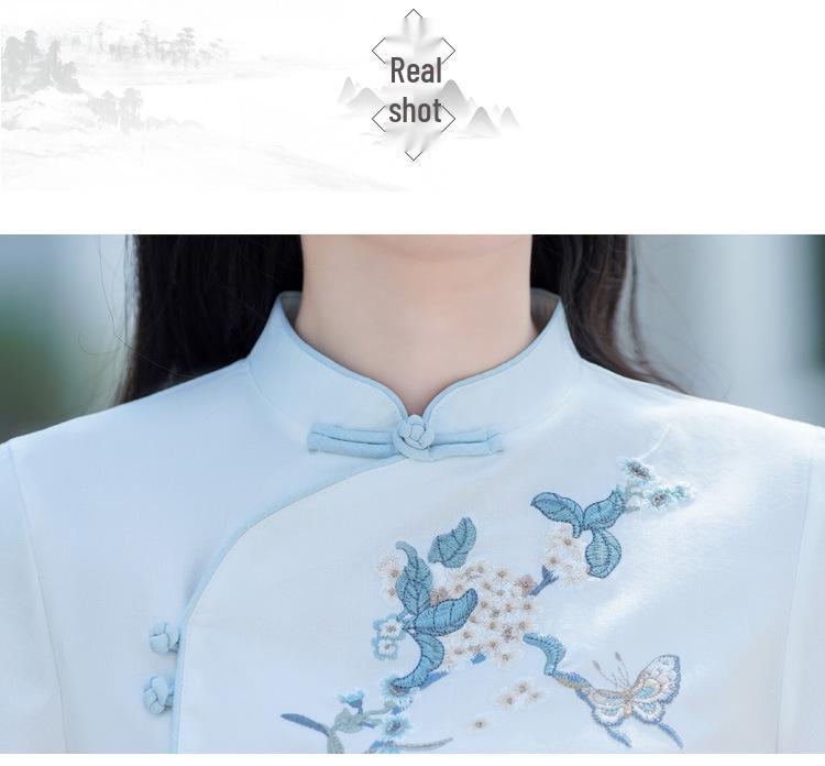 Chinese Retro Embroidered Cotton Linen Tang Suit & Wide-Leg Pants Two-Piece Set for Women
