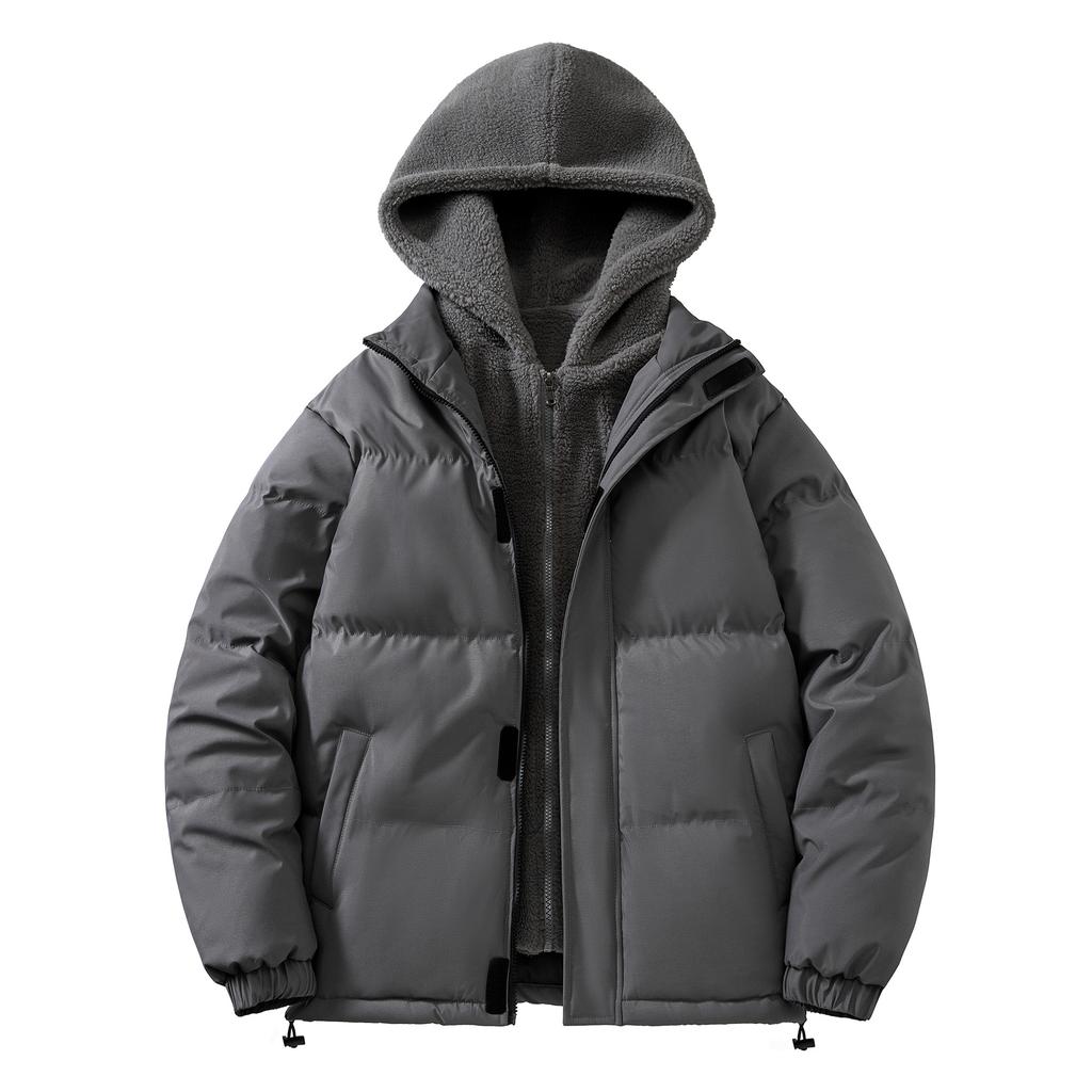 Large size fake two-piece cotton-padded clothes, men's trend loose and thickened fleece, solid color hooded clothes, simple cotton-padded jacket