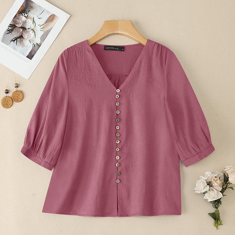 ZANZEA Women Casual V-Neck Solid Color Summer Half Sleeve Blouse
