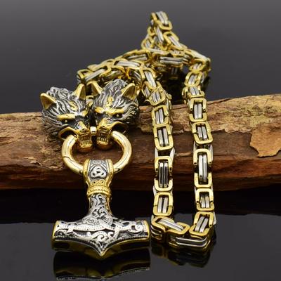 Cadena trenzada de acero inoxidable vikingo Vintage para hombre, colgante de martillo celta, collar con cabeza de Lobo, amuleto de motorista de fiesta de Rock nórdico, joyería