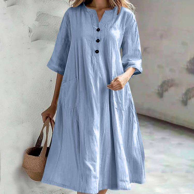 Casual Comfortable Women Loose Fit V Neck Half Sleeve Cotton Linen Dress Mid Length Three Button Pocket