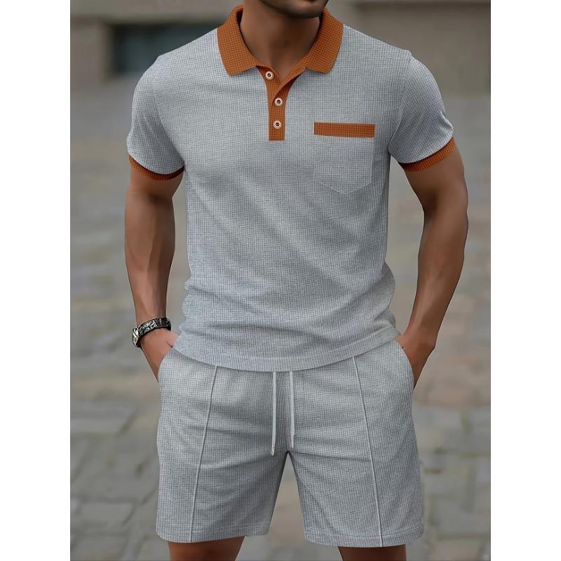 Mens Color Block Short Sleeve Polo Shirt And Shorts Two Piece Set