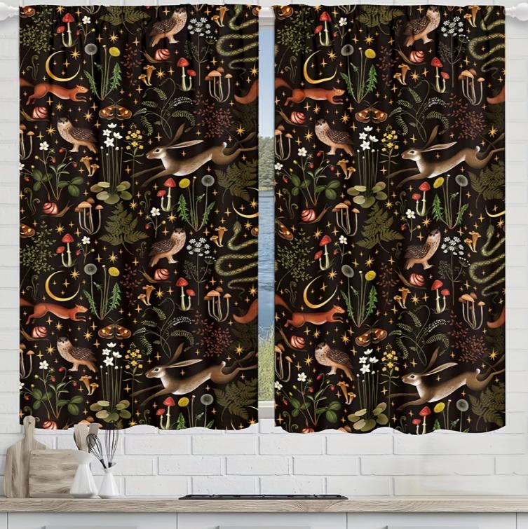 2pcs Forest Animal Floral Print Curtains Summer Scenery, Rod Pocket for Living Room Kitchen Bedroom Decor Curtains Living Room