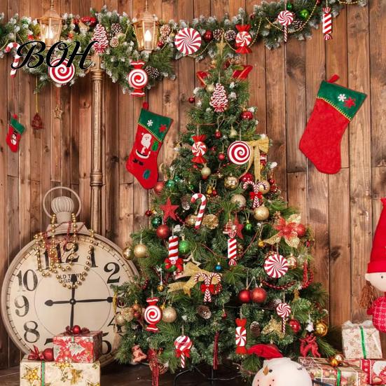Wooden Christmas Tree Pendant Set Candy Ornaments, Red White Peppermint Cane Lollipop Pendants, Seasonal Decorative Hanging Props Decoration for Xmas