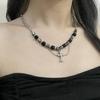 Gothic Cross Pendant Necklace Unisex Black Beaded Hip Hop Chain Trendy Retro High-grade Sense High Street Jewelry Accessories