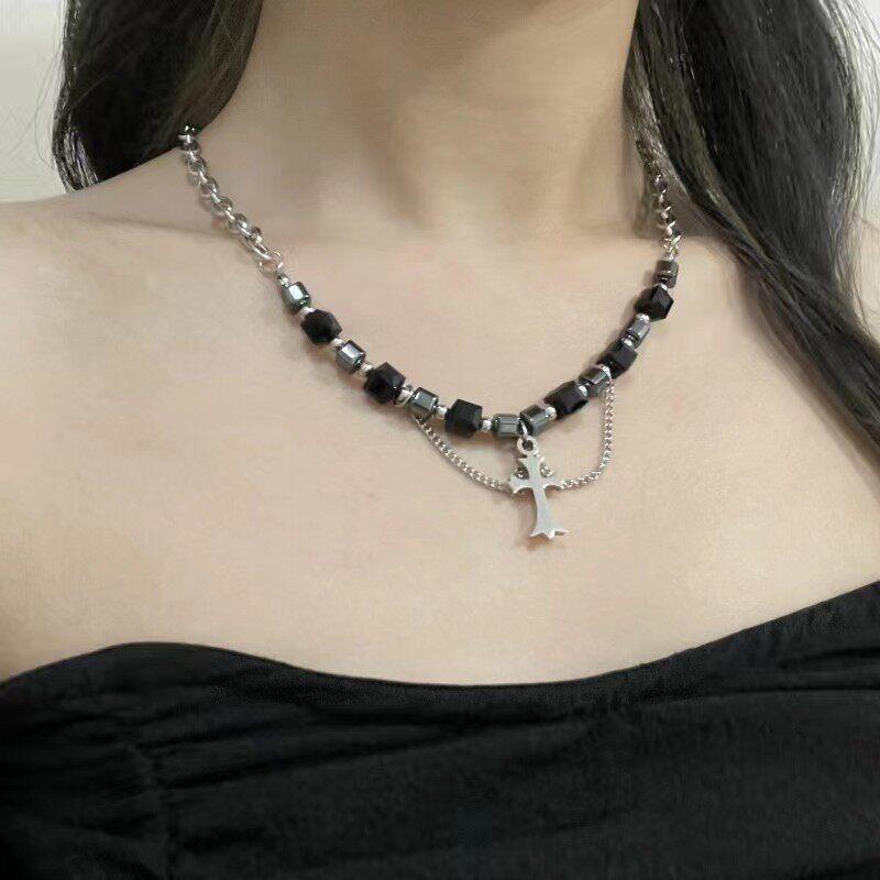 Gothic Cross Pendant Necklace Unisex Black Beaded Hip Hop Chain Trendy Retro High-grade Sense High Street Jewelry Accessories