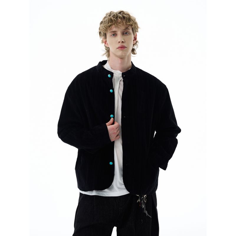 Kisko American Old Money Style Black Velvet Turquoise Button Jacket Unisex High-End Casual Cardigan Coat