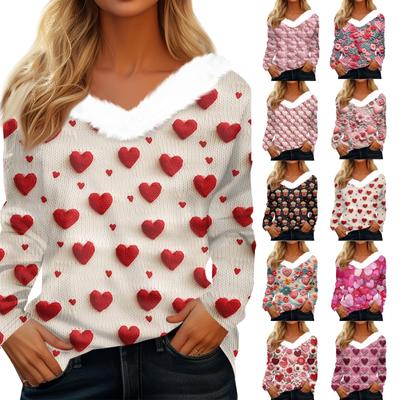 Damen T-Shirt mit Aufdruck „Valentine Love“ und V-Ausschnitt, langärmelig, lässig, lockeres Oberteil