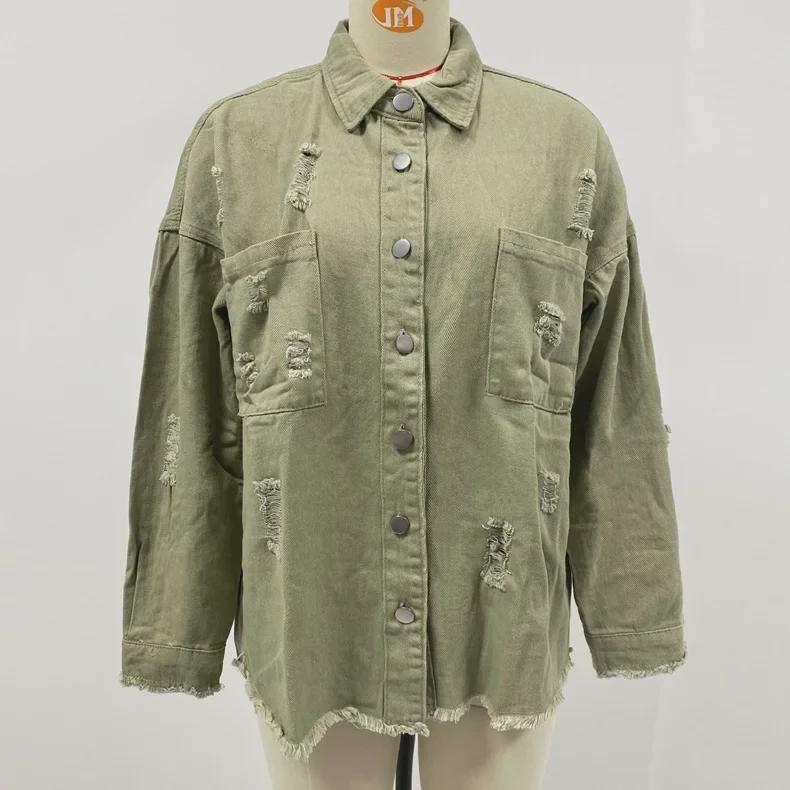 European/American Retro Denim Jacket - Women's Lapel Long-sleeve Streetwear with Raw Edge and Distressed Details.