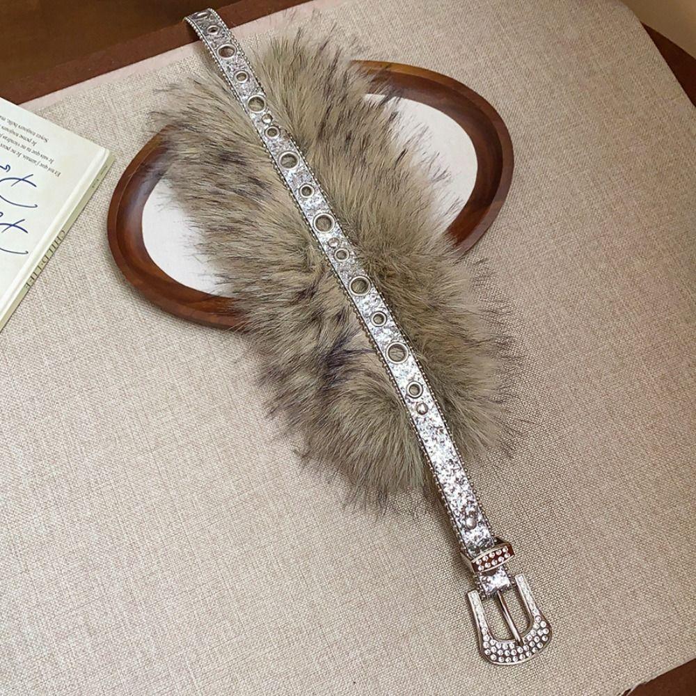 Rhinestone Leather Fur Belt Spicy Girl Style Y2K Plush Waist Belt Furry Waistband Dress Decoration