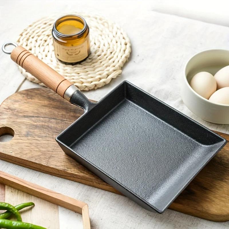 1Pc Cast Iron Pan Frying Tamagoyaki Omelette Black Non Stick Pan Fry Egg Pancake Kitchen Pot Cover Gas Cooker Induction