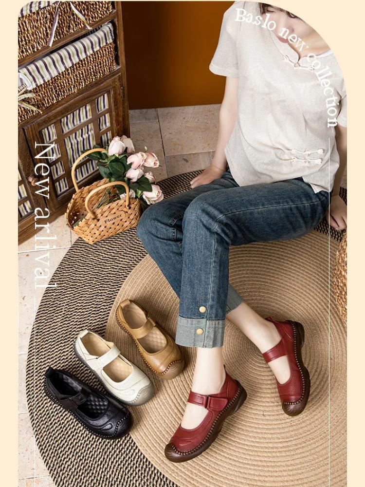 Johnature Boty z pravé kůže s měkkou podrážkou, ploché, retro, s kulatou špičkou, mělké, všestranné, pohodlné dámské boty