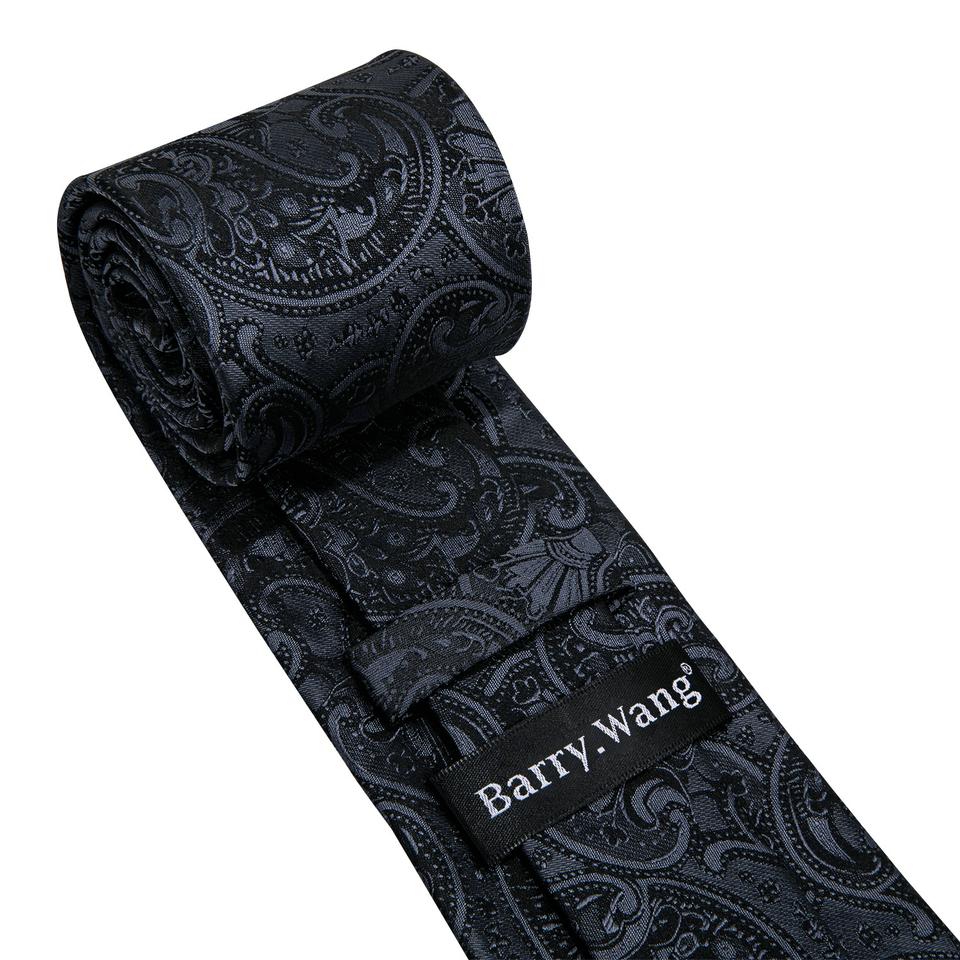 Mens Fashion Black Tie with Brooch Formal Silk Necktie Hanky Cufflink Set