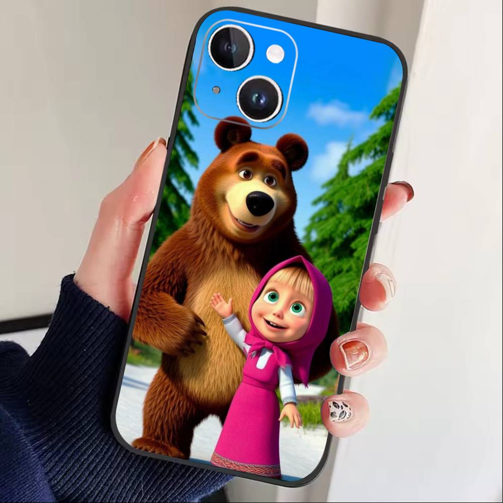 

Cute R-Masha and Bears Phone Case For iPhone17,16,15,14,13,12 Plus,Max Soft Silicone Black Cover iPhone16promax