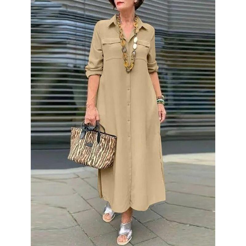 Loose Long-Sleeved Lapel Dress Elegant Solid Long sleeve Button Lapel Plus size dresses