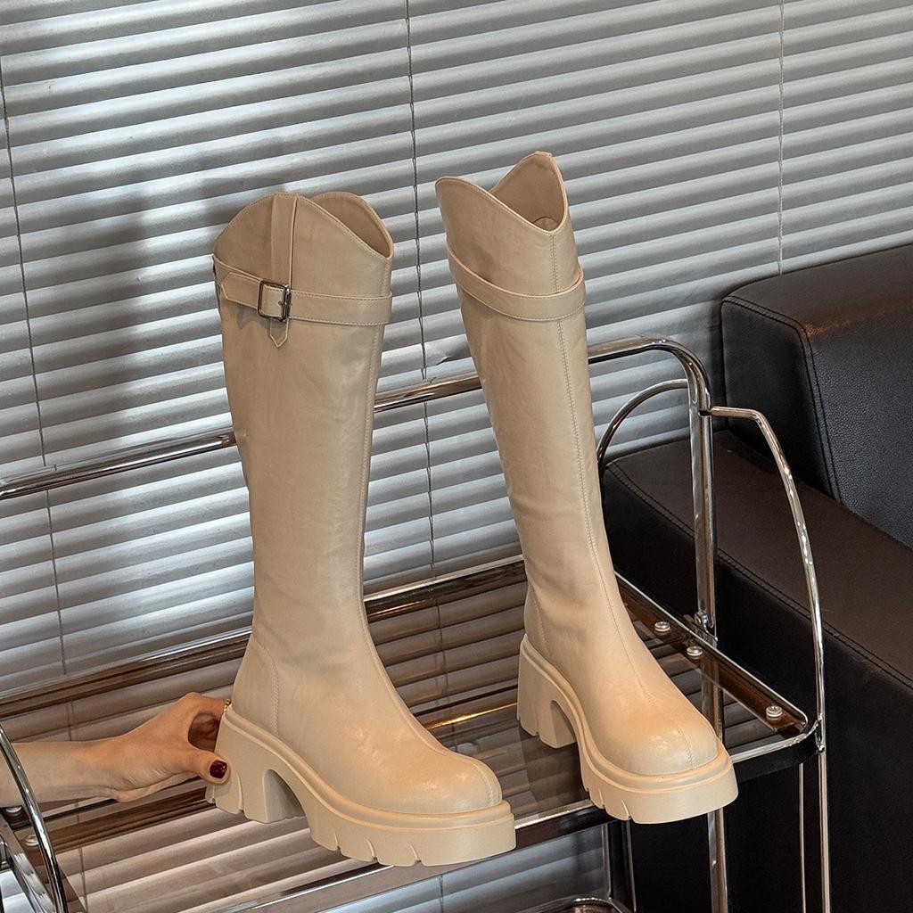 Woman Knee High Boots Platform Thigh High Boots Fashion Chunky Heels 2026 Autumn Winter Round Toe Zipper Long Motorcycle Botas