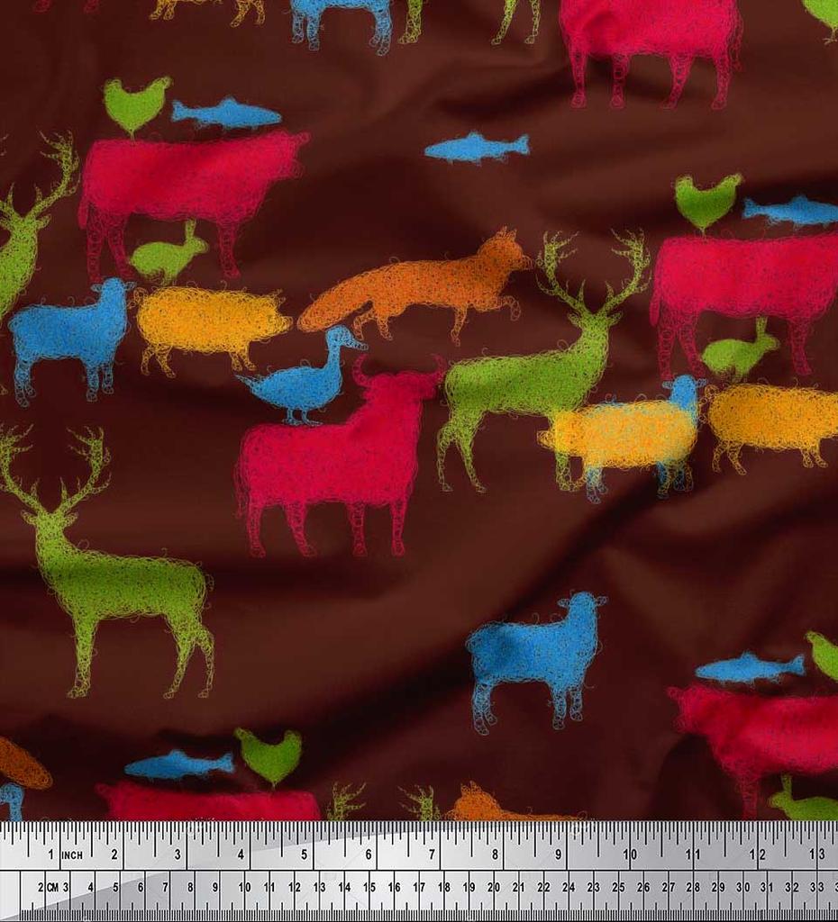 Soimoi Japan Crepe Satin Fabric Birds & Animals Hand Drawn Print Fabric by Metre 42 Inch