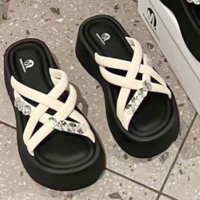

Rhinestone platform high-heeled cool slippers women s summer wear 2025 new silver sandals with skirt casual beach shoes 40 бежевый