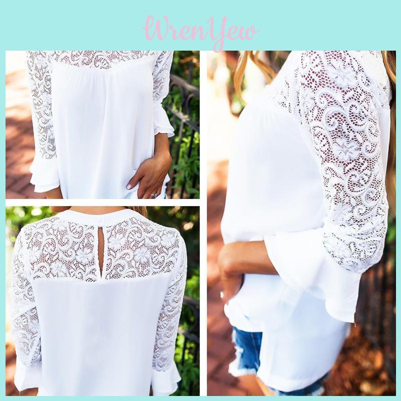 Elegant Chiffon Lace Blouse Loose Fit Pullover Long Sleeve T-shirt For Women