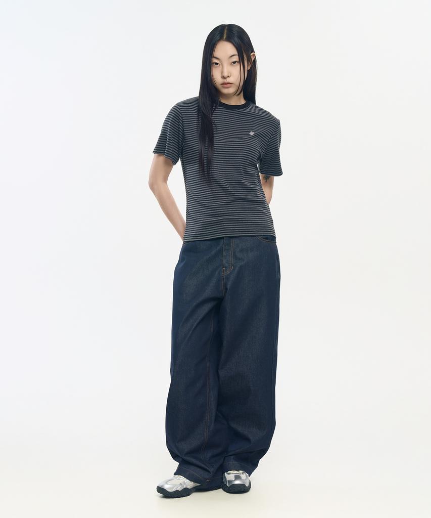 SLOW RECORD HOUSE Striped Short Sleeve T-Shirt_Black