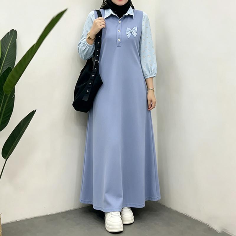 ZANZEA Women Splice Turn Down Collar Loose Casual Long Sleeve Dress XL синий