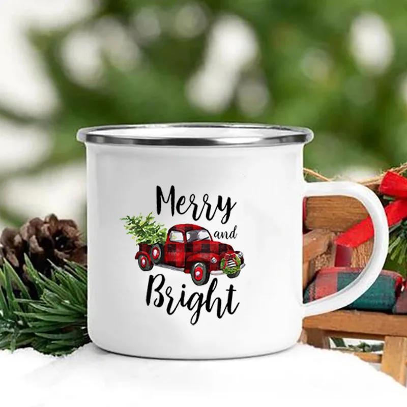 Merry Christmas Print Creative Enamel Coffee Tea Wine Drink Mug Dessert Hot Cocoa Milk Cup Cake Mugs Handle Drinkware Xmas Gifts