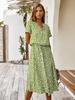 Women's Button Front Drawstring High Waist Short Sleeve A Line Midi Dress
