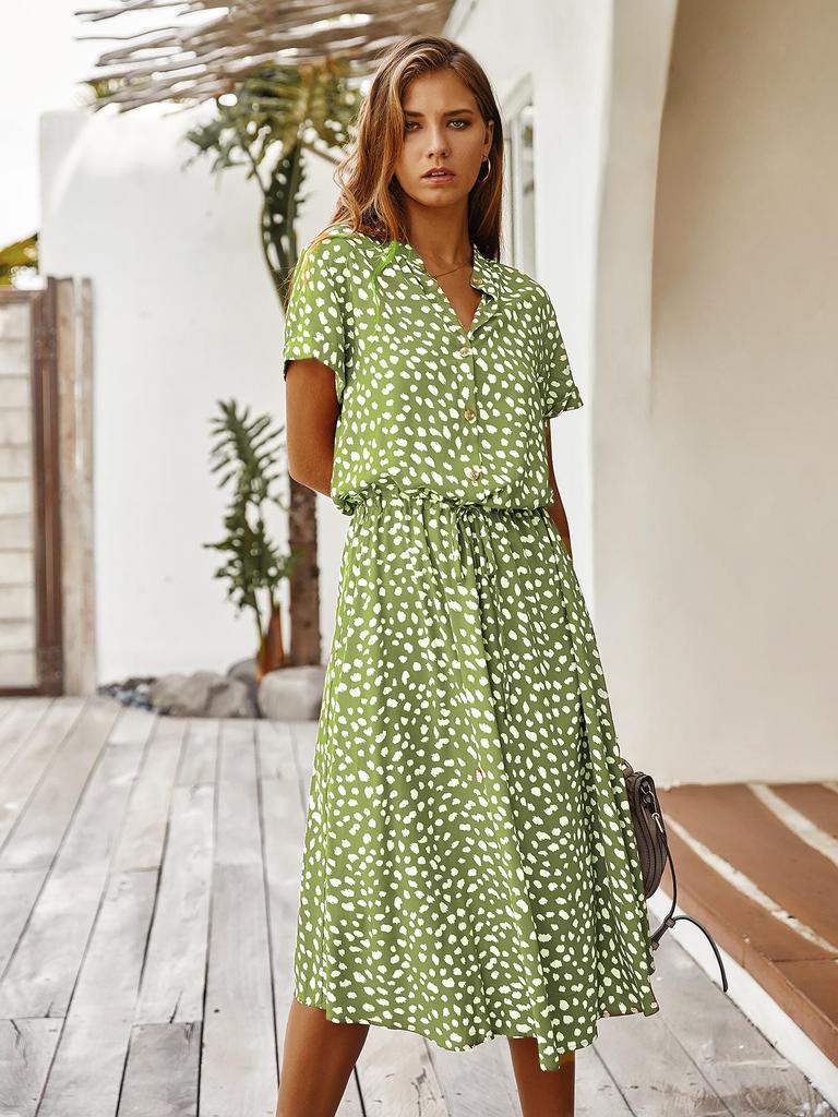Women's Button Front Drawstring High Waist Short Sleeve A Line Midi Dress