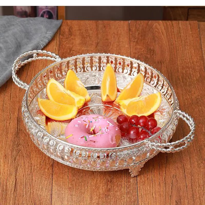 Silver, Circular Fruit Storage Tray, Home Living Room Snack Cake Box, Food Tray with Handle, Metal, Decorative